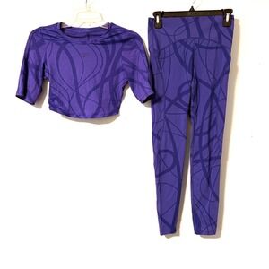 4F Womens Purple Swirl Training Set Crop Top and High Waist Leggings Size S/M